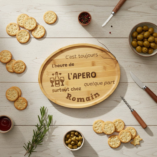 Plateau rond en bambou gravé L'Atelier de Lylou avec le texte "C'est toujours l'heure de l'apéro, surtout chez Romain quelque part". Idéal pour l'apéritif.