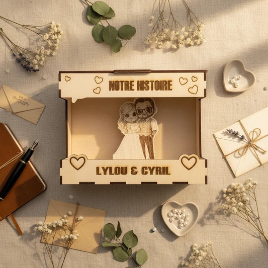 Boîte à souvenirs personnalisée en bois L'Atelier de Lylou avec couple stylisé et inscriptions "NOTRE HISTOIRE" et "LYLOU & CYRIL".