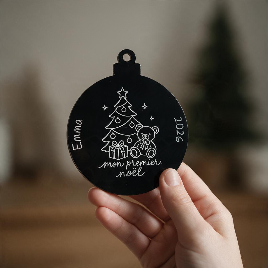 Boule de Noël L'Atelier de Lylou en acrylique noir gravée avec un ourson, un sapin et l'inscription Mon premier Noël