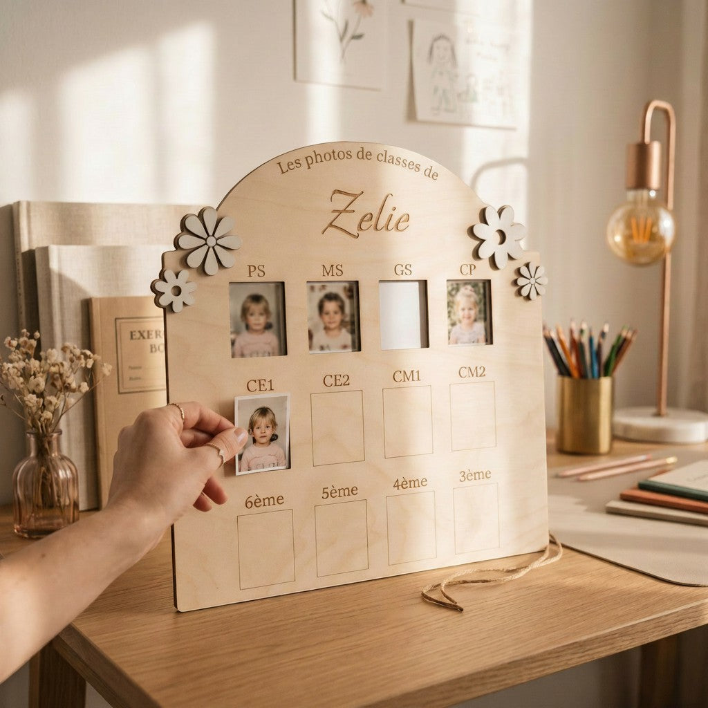 Cadre photo en bois L'Atelier de Lylou pour photos de classe, personnalisable avec prénom, décor floral, 12 emplacements.