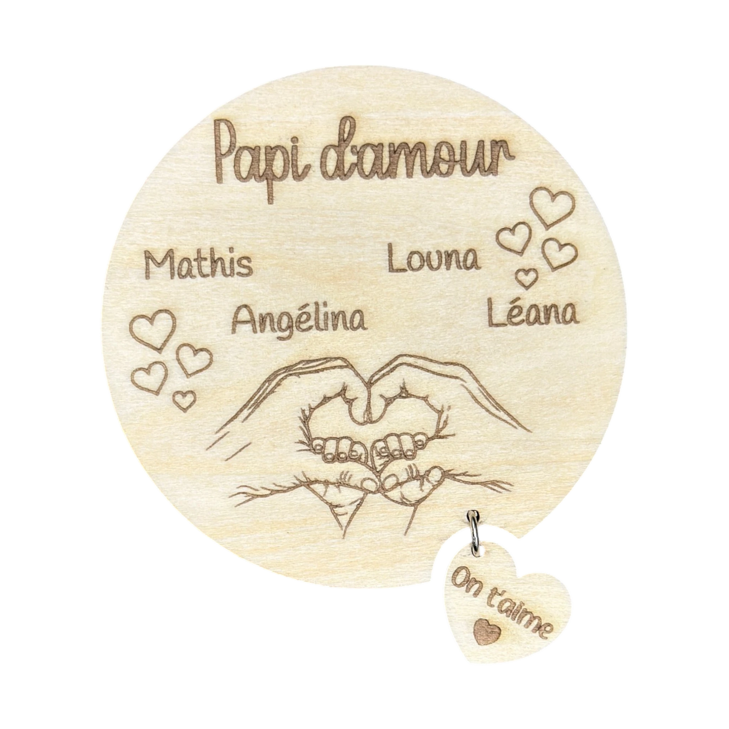 Magnet rond en bois L'Atelier de Lylou "Papi d'amour" personnalisé avec prénoms et cœur "On t'aime"