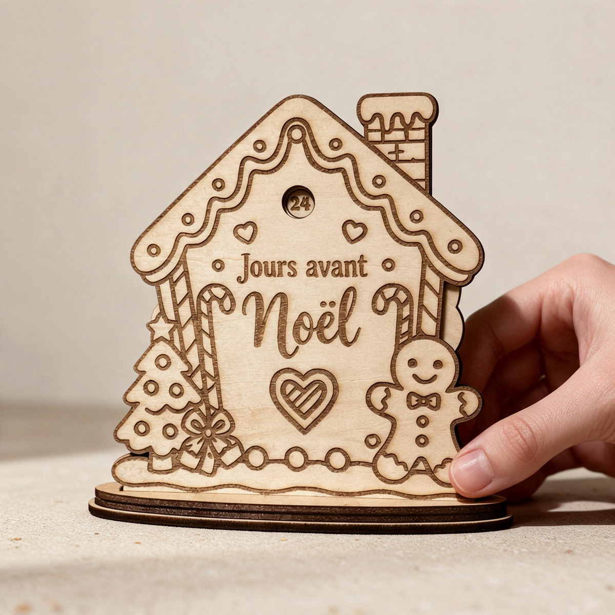 Compte à rebours de Noël en bois L'Atelier de Lylou en forme de maison avec gravures de bonhomme en pain d'épices