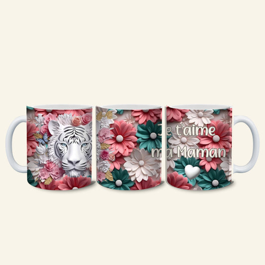 Mug L'Atelier de Lylou avec un tigre blanc entouré de fleurs roses et bleues, texte "Je t'aime ma Maman".