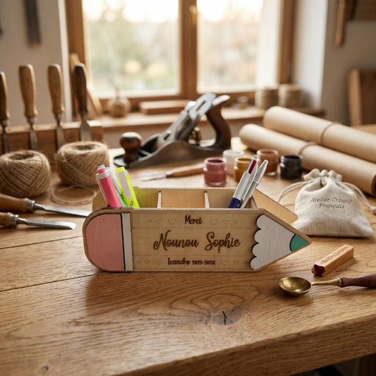 Organiseur de bureau en bois L'Atelier de Lylou en forme de crayon, personnalisé avec "Maßtresse Nelly" et "leandro 2025-2026". Rose, bois naturel, vert.