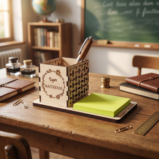 Pot à crayons personnalisé en bois "Super Maßtresse" par L'Atelier de Lylou, avec emplacement pour bloc de notes et stylo.