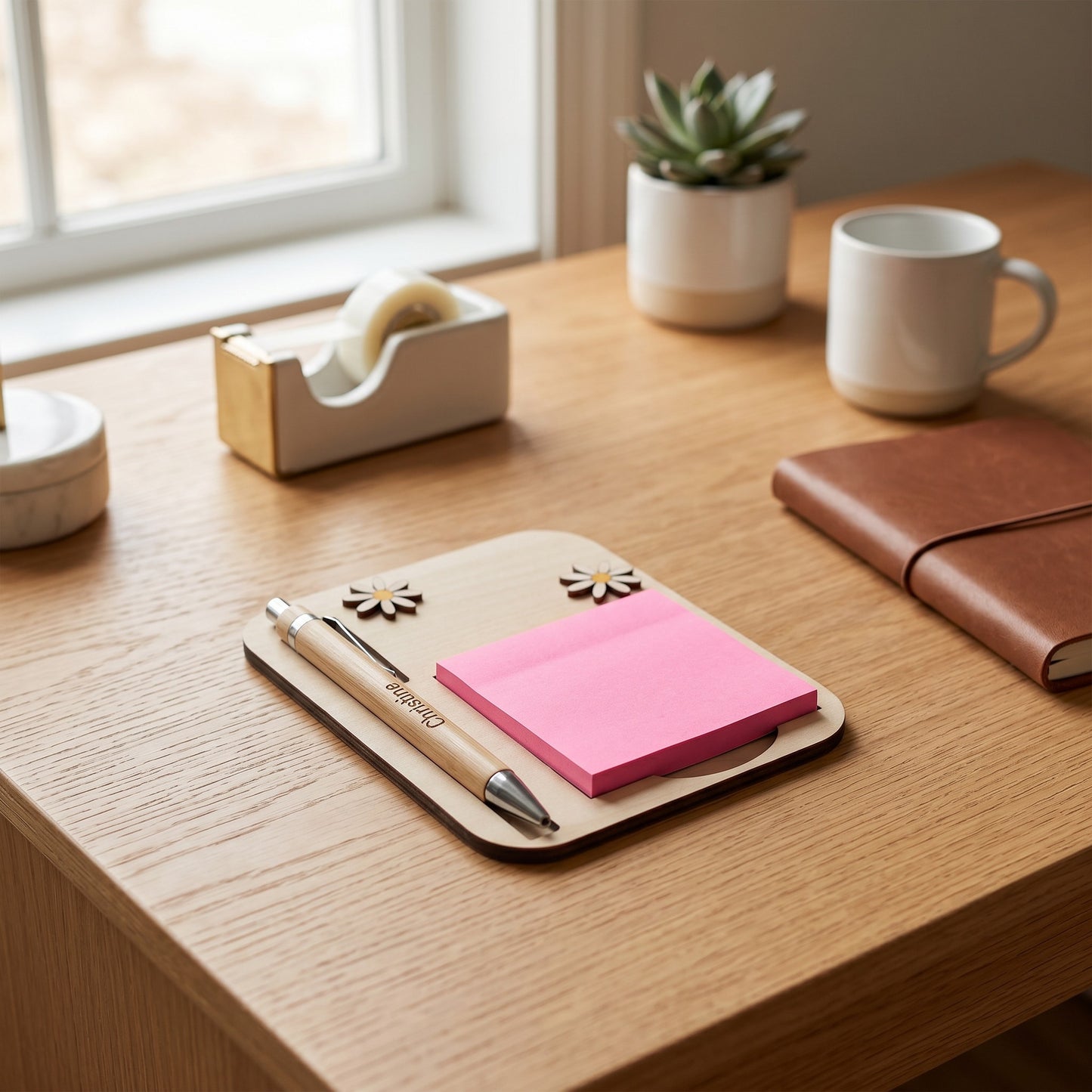L'Atelier de Lylou : support à Post-it en bois avec stylo personnalisé "Christine" et motif marguerites, bloc rose.