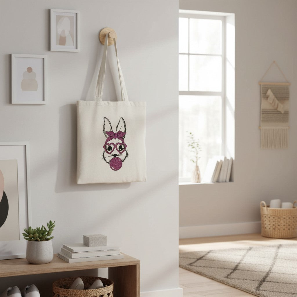 L'Atelier de Lylou tote bag blanc en coton avec motif lapin mignon, lunettes cœur et chewing-gum