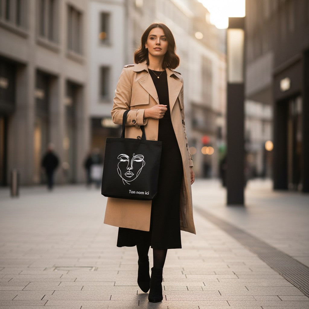 Tote bag noir en coton L'Atelier de Lylou avec un dessin de visage abstrait blanc et personnalisable