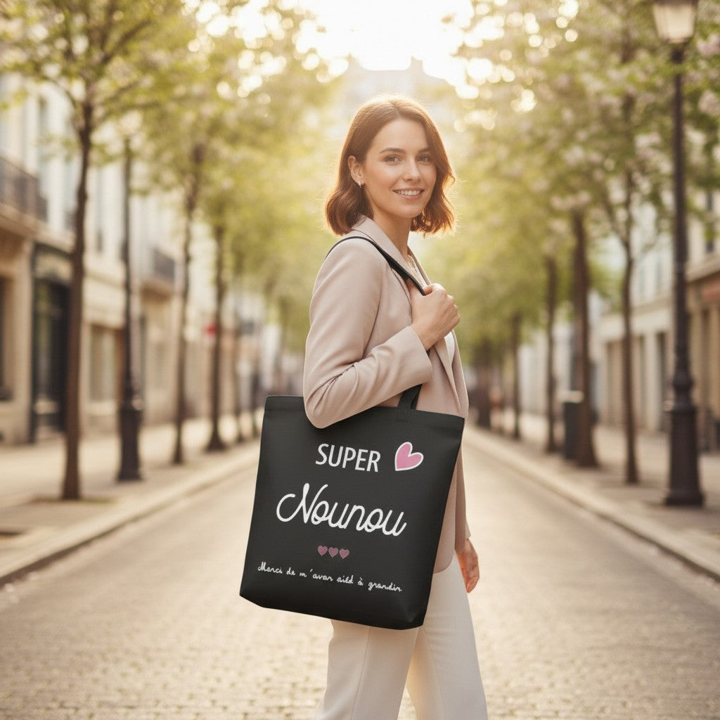 Tote-bag noir en coton L'Atelier de Lylou avec inscription "Super Nounou" et cœurs roses. Cadeau idéal pour nounou.