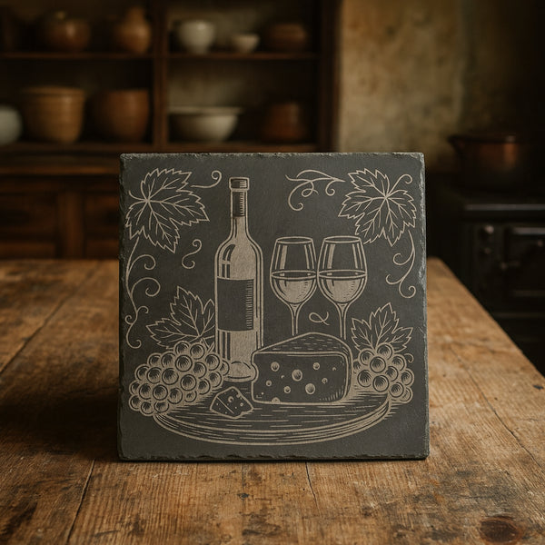 Dessous de plat en ardoise gravé “Vin & Fromage”