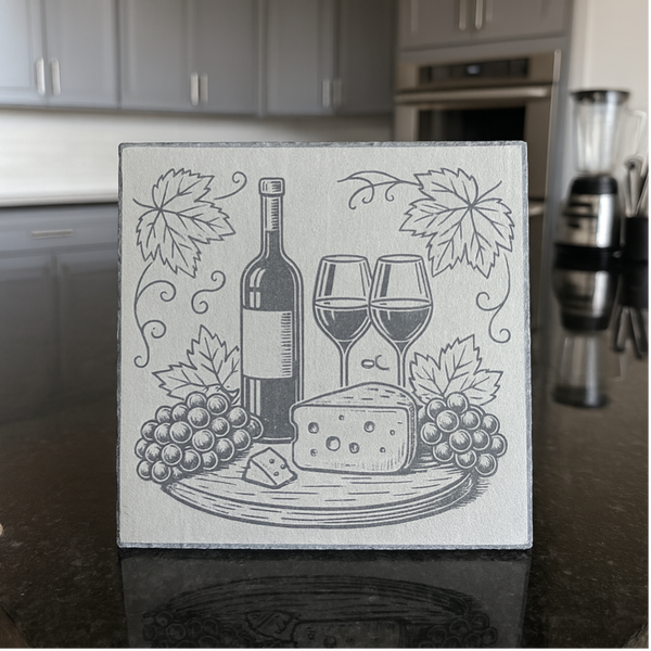 Dessous de plat en ardoise gravé “Vin & Fromage”