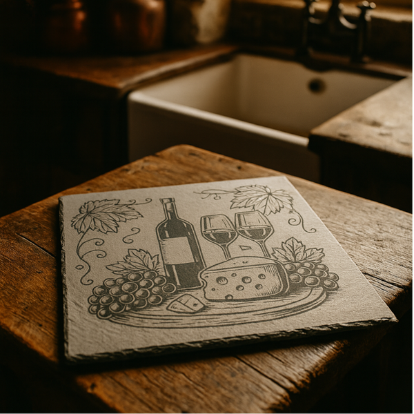 Dessous de plat en ardoise gravé “Vin & Fromage”