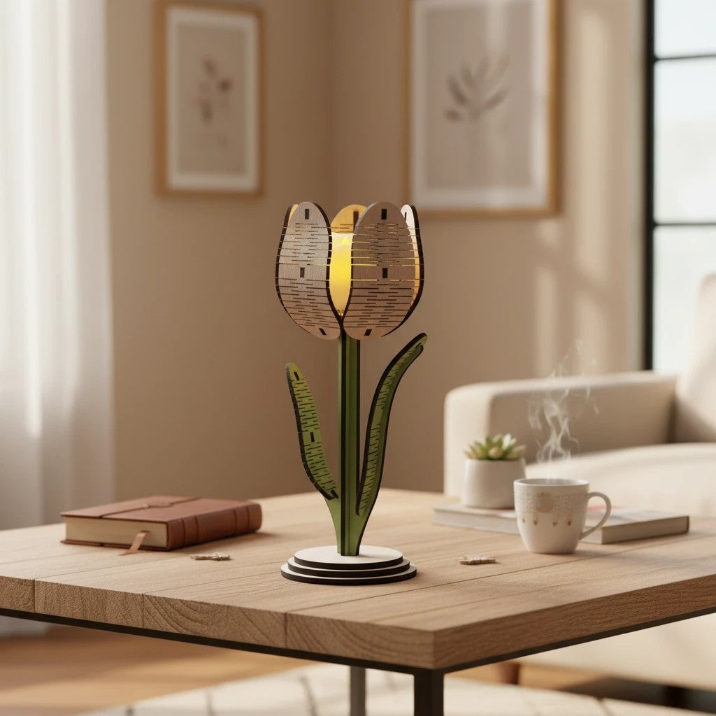 Lampe tulipe L'Atelier de Lylou en bois découpé, couleur naturelle et verte, pour décoration intérieure.