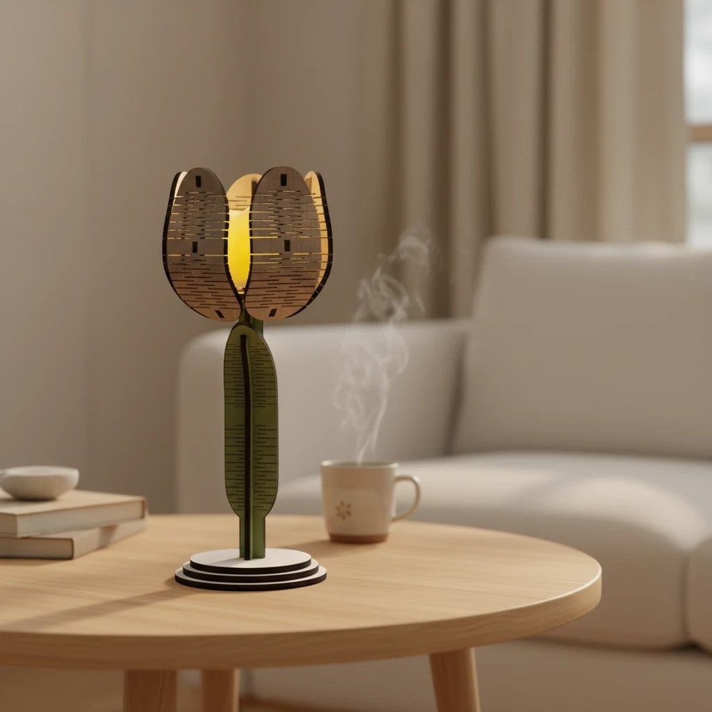 Lampe tulipe en bois découpé L'Atelier de Lylou, bois naturel et vert, éclairage d'ambiance doux