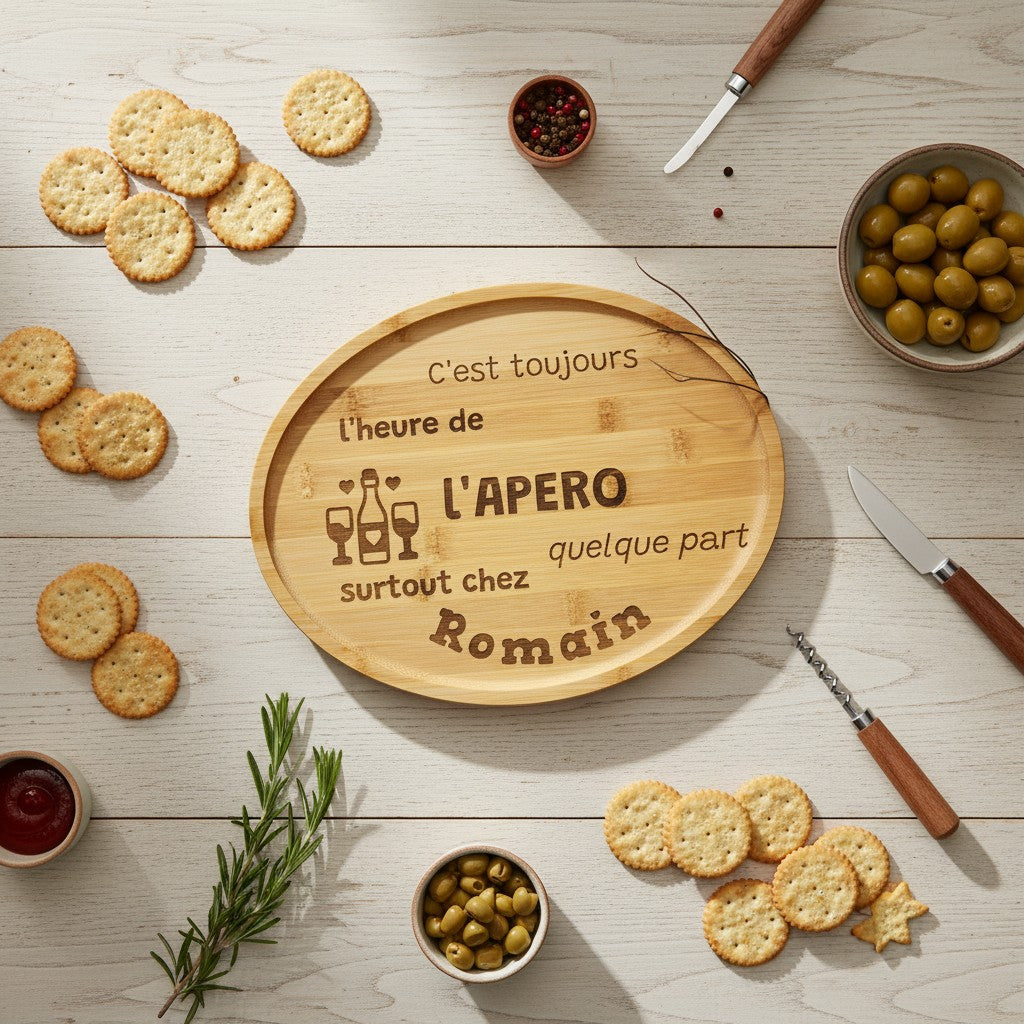 Plateau rond en bambou gravé L'Atelier de Lylou avec le texte "C'est toujours l'heure de l'apéro, surtout chez Romain quelque part". Idéal pour l'apéritif.