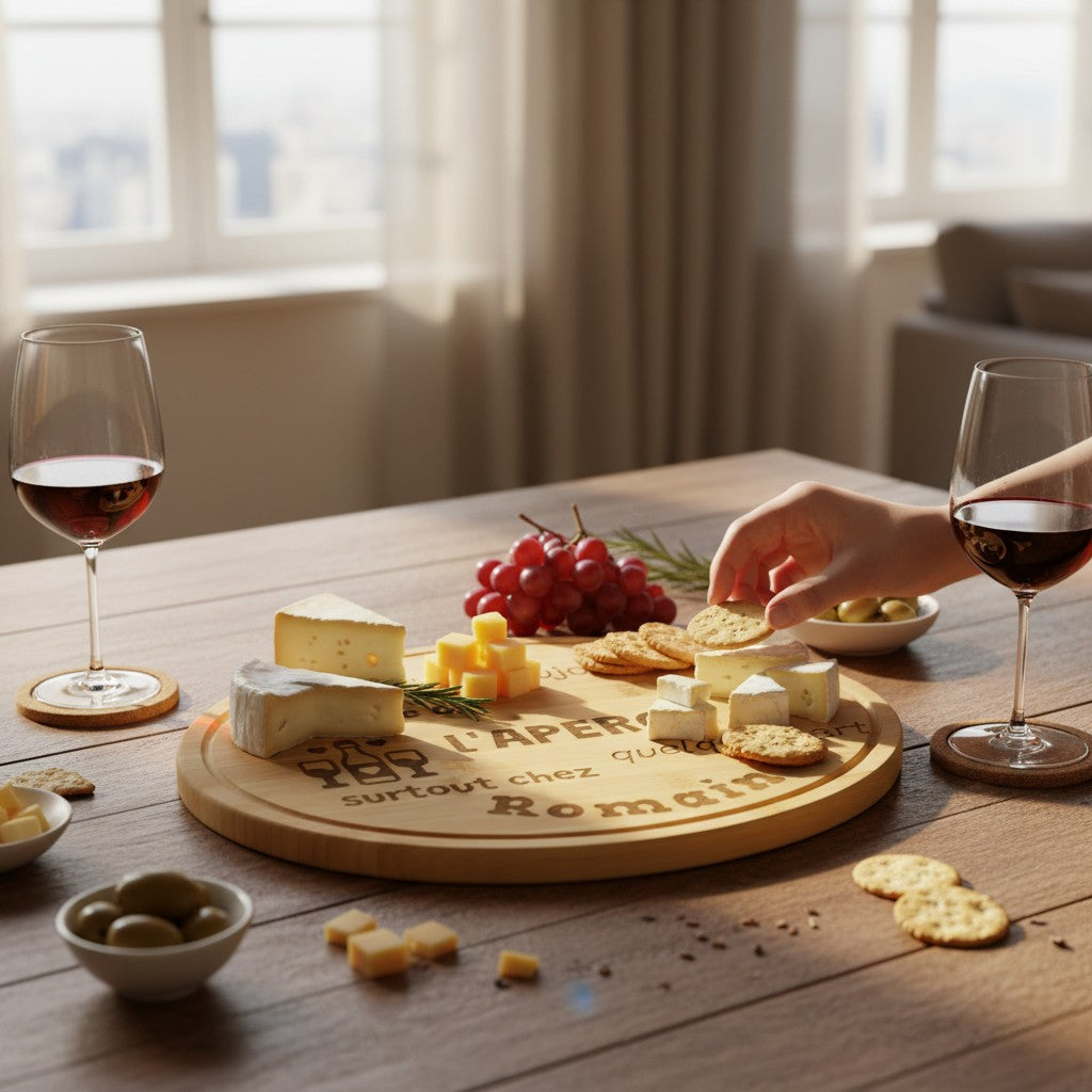 Plateau rond en bambou gravé L'Atelier de Lylou avec texte personnalisé "L'APERO surtout chez Romain"