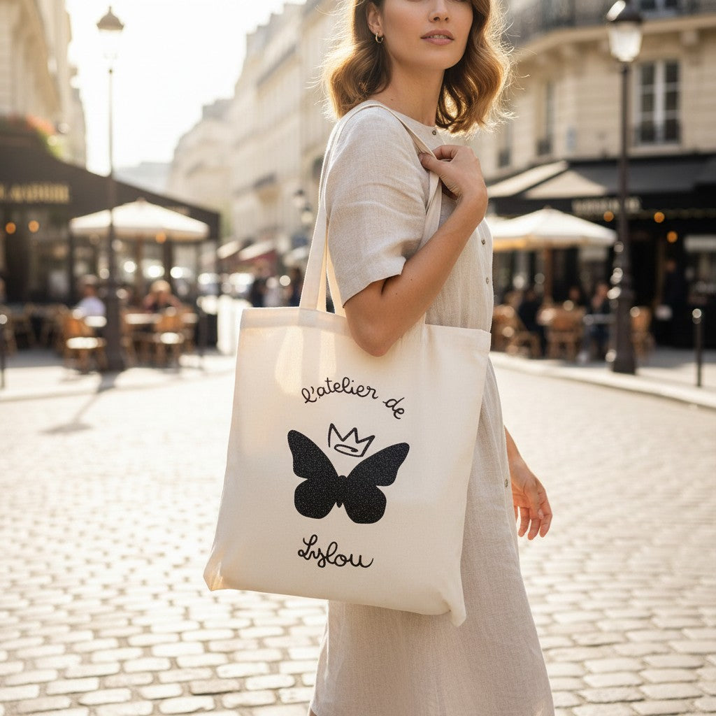 Sac fourre-tout L'Atelier de Lylou en coton blanc avec un papillon noir et une couronne