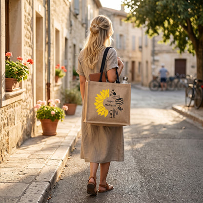 Sac cabas en jute naturel personnalisé par L'Atelier de Lylou avec un motif tournesol et "Super Maîtresse". Idéal pour les enseignants.
