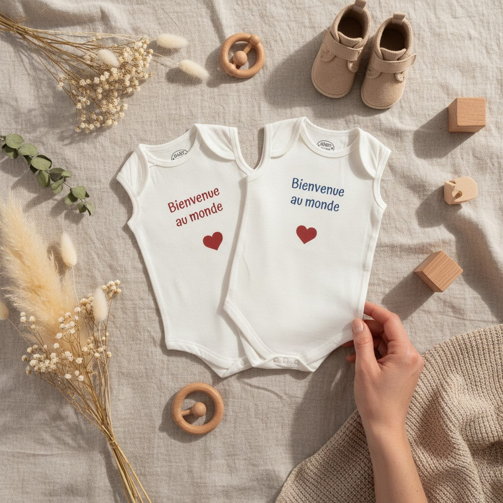 L'Atelier de Lylou body blanc en coton pour bébé, "Bienvenue au monde" en rouge ou bleu, avec un cœur rouge. Idéal cadeau marraine/parrain.