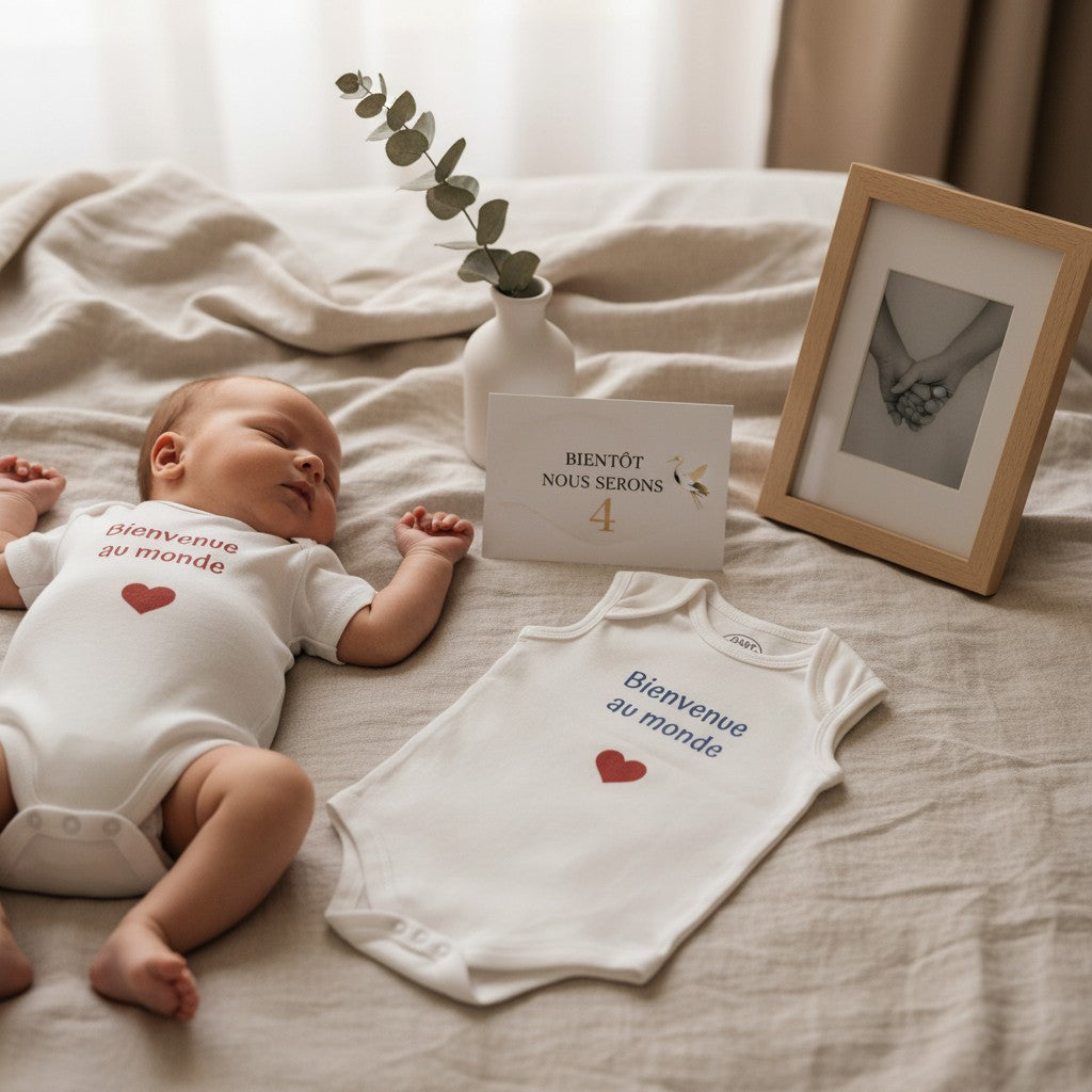L'Atelier de Lylou body blanc en coton pour bébé, "Bienvenue au monde" écrit en rouge ou bleu, avec un cœur rouge. Idéal cadeau naissance.