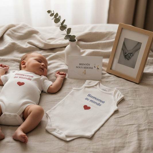 L'Atelier de Lylou body blanc en coton pour bébé, "Bienvenue au monde" écrit en rouge ou bleu, avec un cœur rouge. Idéal cadeau naissance.