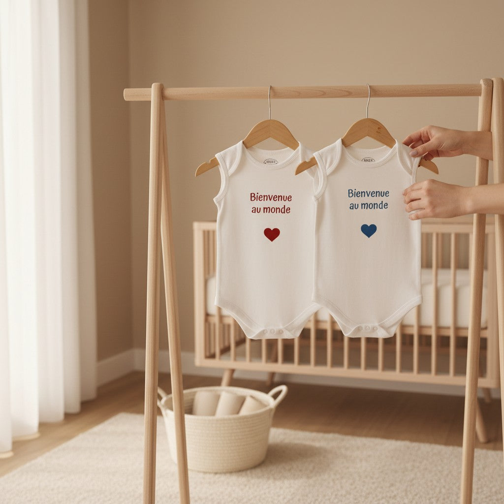 L'Atelier de Lylou, body naissance blanc en coton avec inscription "Bienvenue au monde" et cœur rouge. Idéal cadeau marraine/parrain.