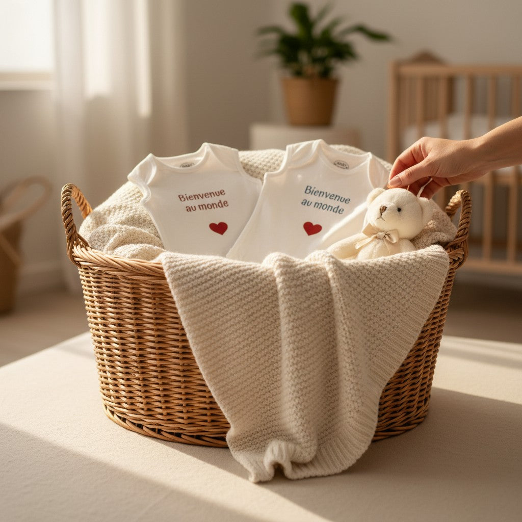 L'Atelier de Lylou, body blanc en coton pour bébé, inscription "Bienvenue au monde" en rouge ou bleu, avec un cœur rouge. Idéal cadeau marraine/parrain.