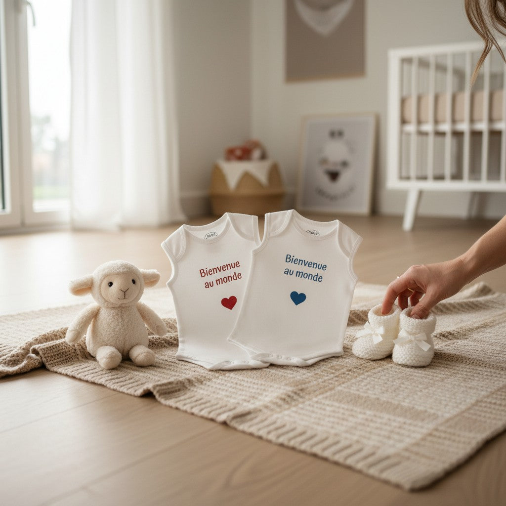 L'Atelier de Lylou - Lot de 2 bodies blancs personnalisables "Bienvenue au monde" avec cœur rouge, 100% coton, taille naissance.