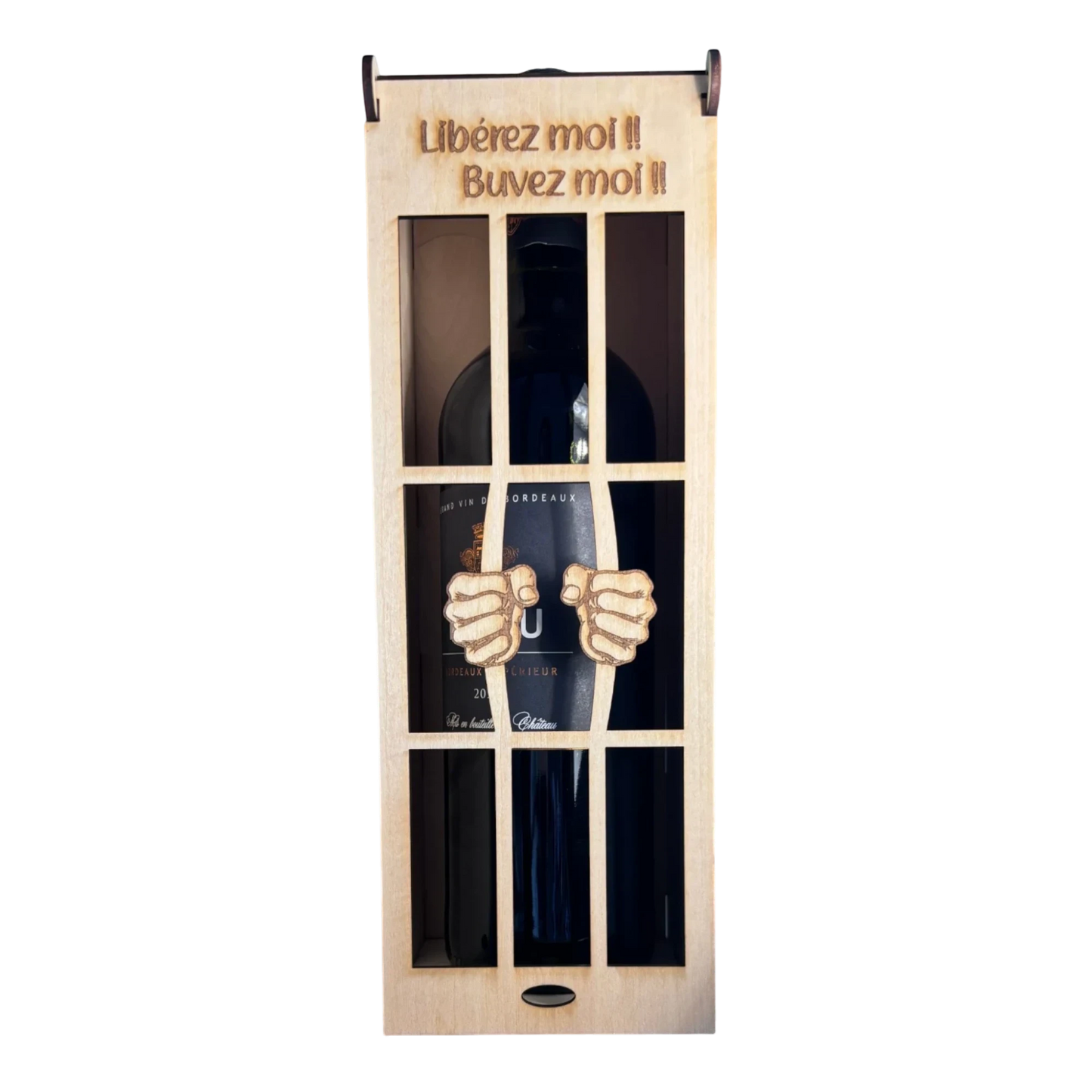 Boîte à bouteille humoristique en bois L'Atelier de Lylou, façon prison avec barreaux et poings, message "Libérez-moi ! Buvez-moi !"