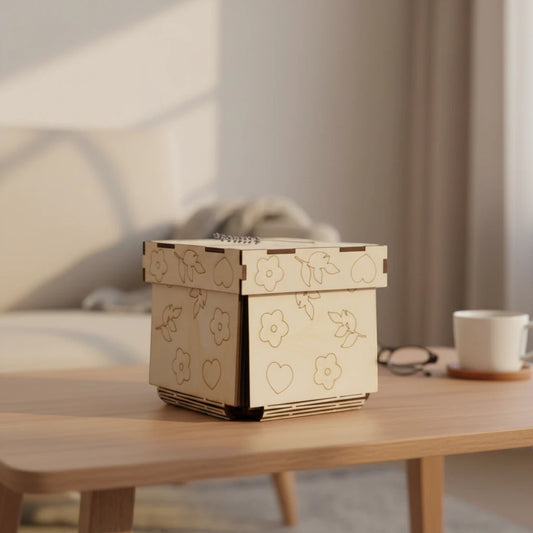Boîte cadeau surprise en bois naturel L'Atelier de Lylou avec motifs floraux et cœurs gravés, idéale pour la Fête des Mères.