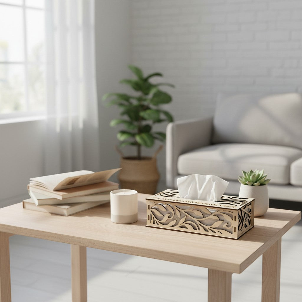 Boîte à mouchoirs décorative en bois clair L'Atelier de Lylou avec motif floral ajouré découpé au laser.
