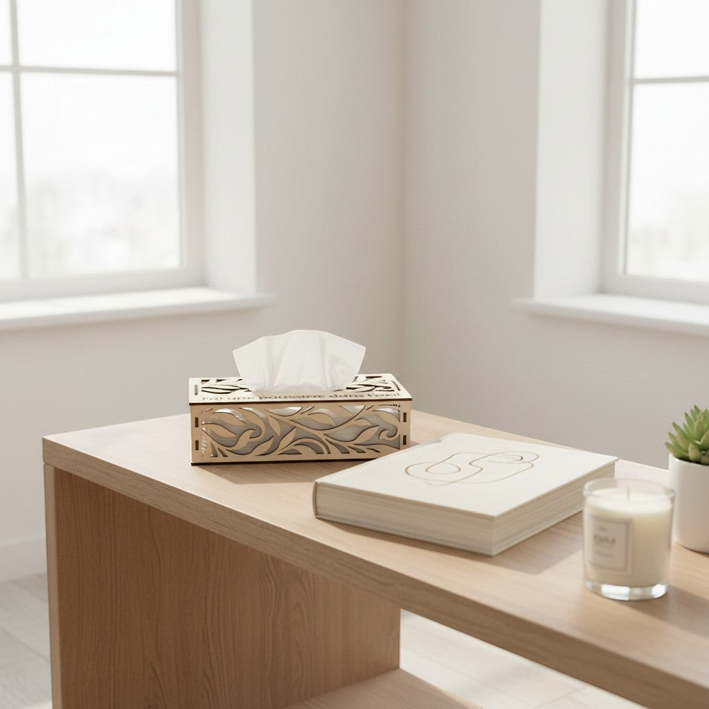 Boîte à mouchoirs décorative en bois clair L'Atelier de Lylou avec motif floral ajouré découpé au laser.