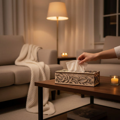 Boîte à mouchoirs décorative L'Atelier de Lylou en bois clair avec motif floral ajouré découpé au laser. Parfait pour salon, chambre ou bureau.