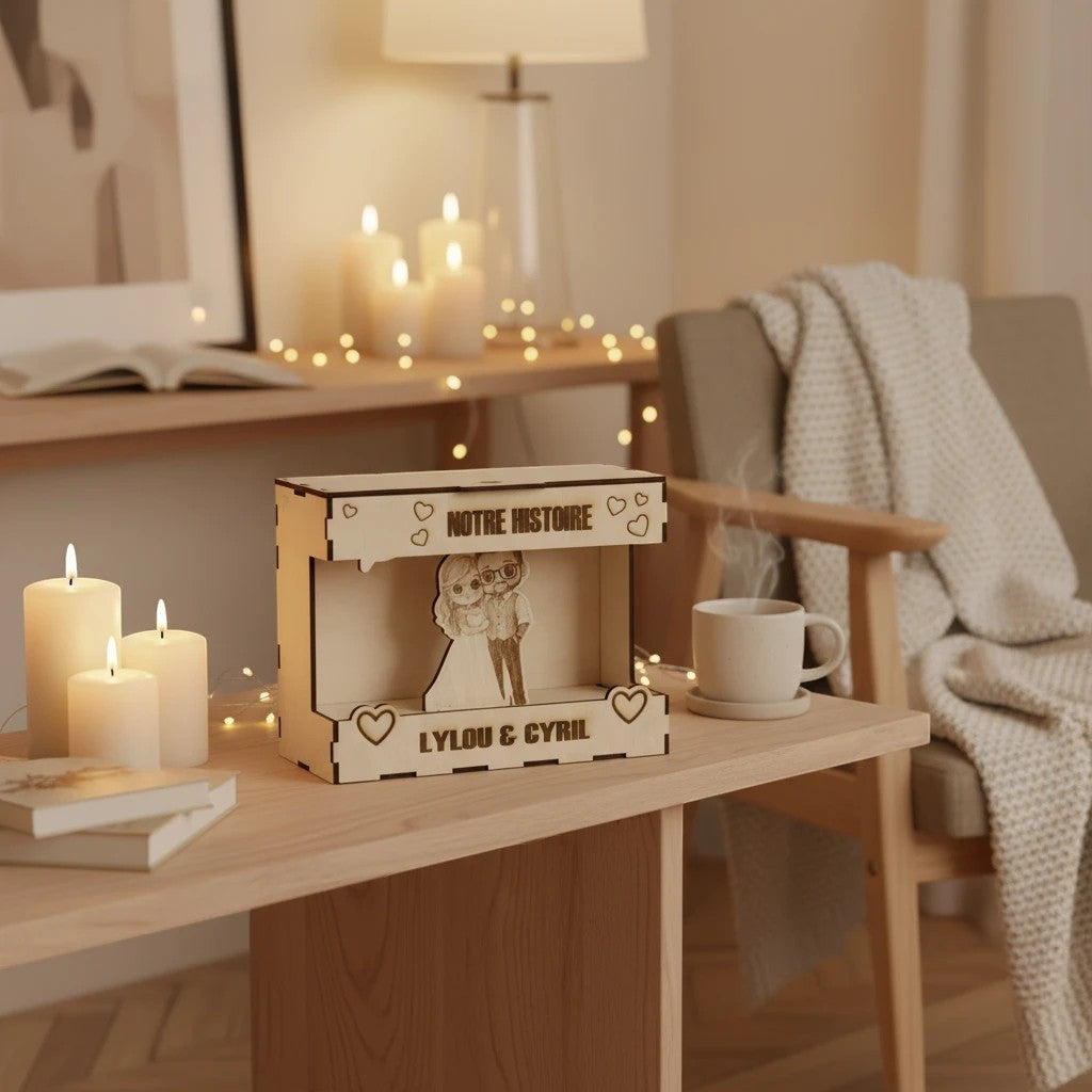 L'Atelier de Lylou boîte à souvenirs personnalisée en bois avec couple stylisé, cœurs et inscriptions "NOTRE HISTOIRE LYLOU & CYRIL".