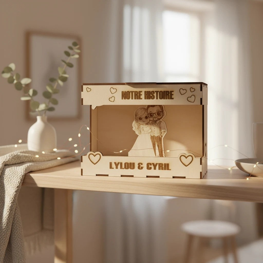 Boîte à souvenirs personnalisée en bois L'Atelier de Lylou avec couple stylisé, cœurs et inscriptions "NOTRE HISTOIRE" et "LYLOU & CYRIL".