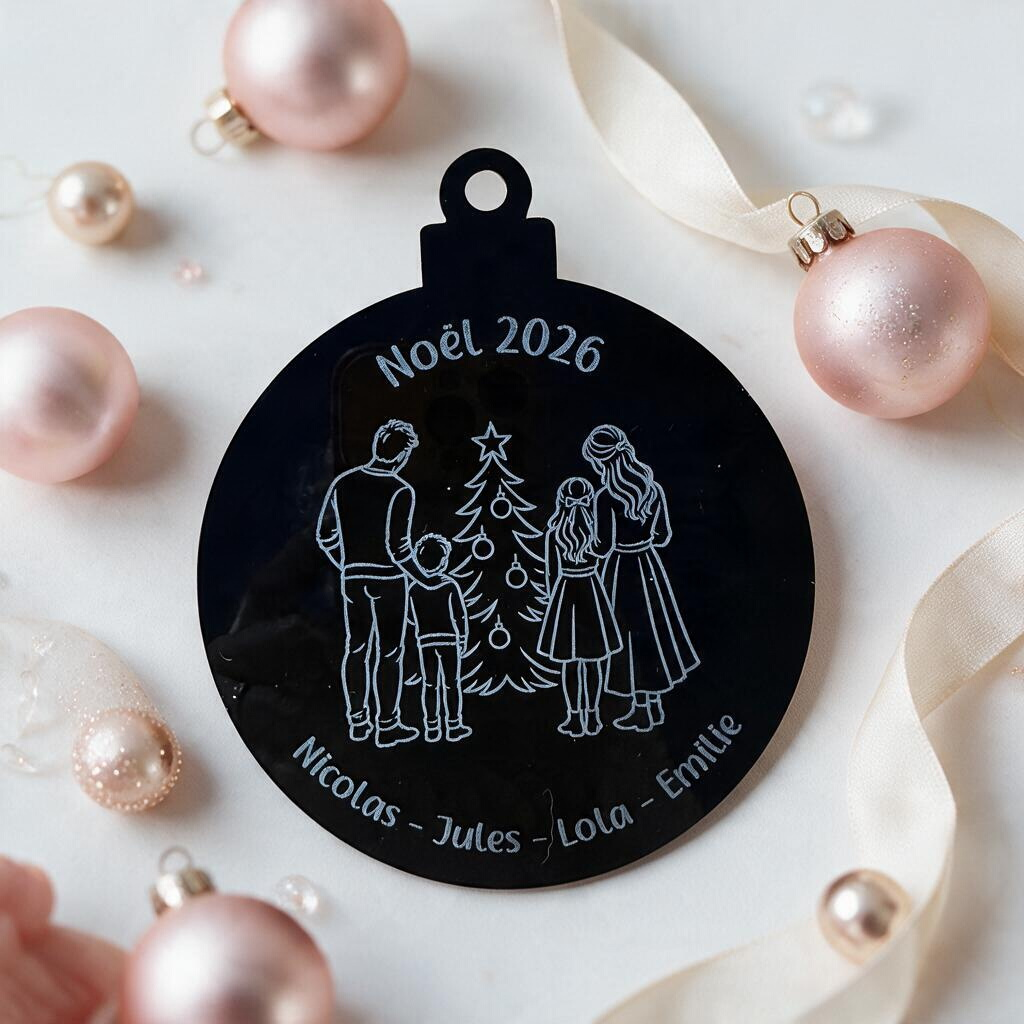 Boule de Noël L'Atelier de Lylou en acrylique noir gravée avec une illustration de famille et prénoms personnalisés