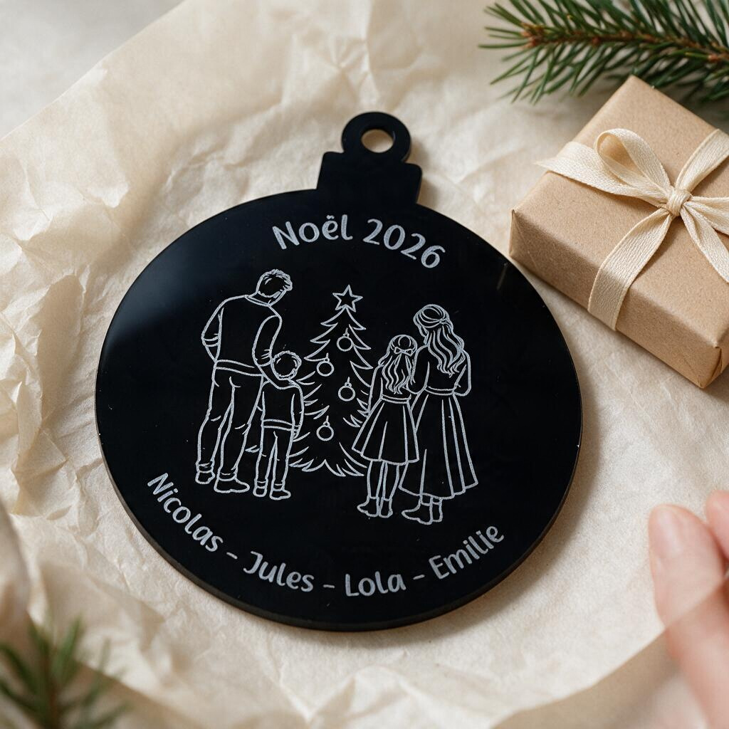 Boule de Noël L'Atelier de Lylou en acrylique noir gravée avec une illustration de famille et prénoms personnalisés