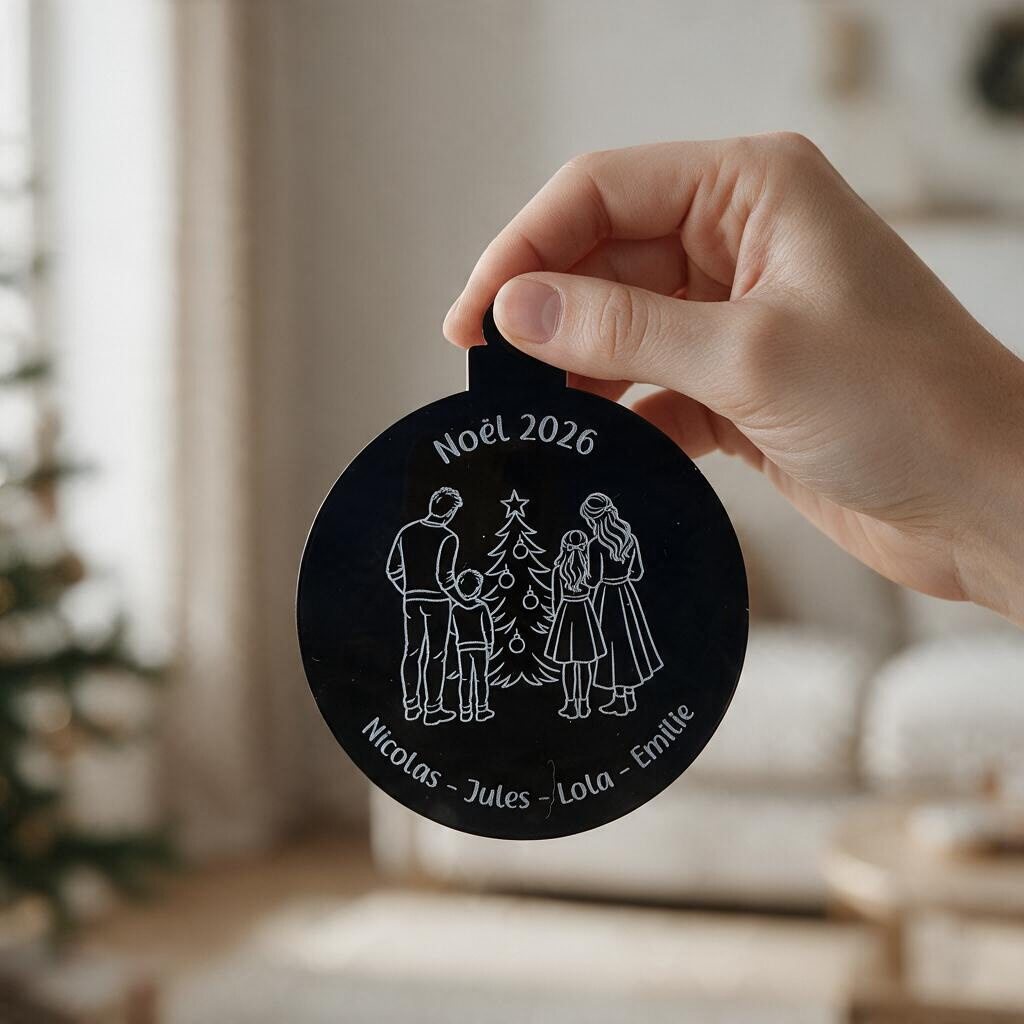 Boule de Noël L'Atelier de Lylou en acrylique noir brillant gravée avec une illustration de famille et des prénoms