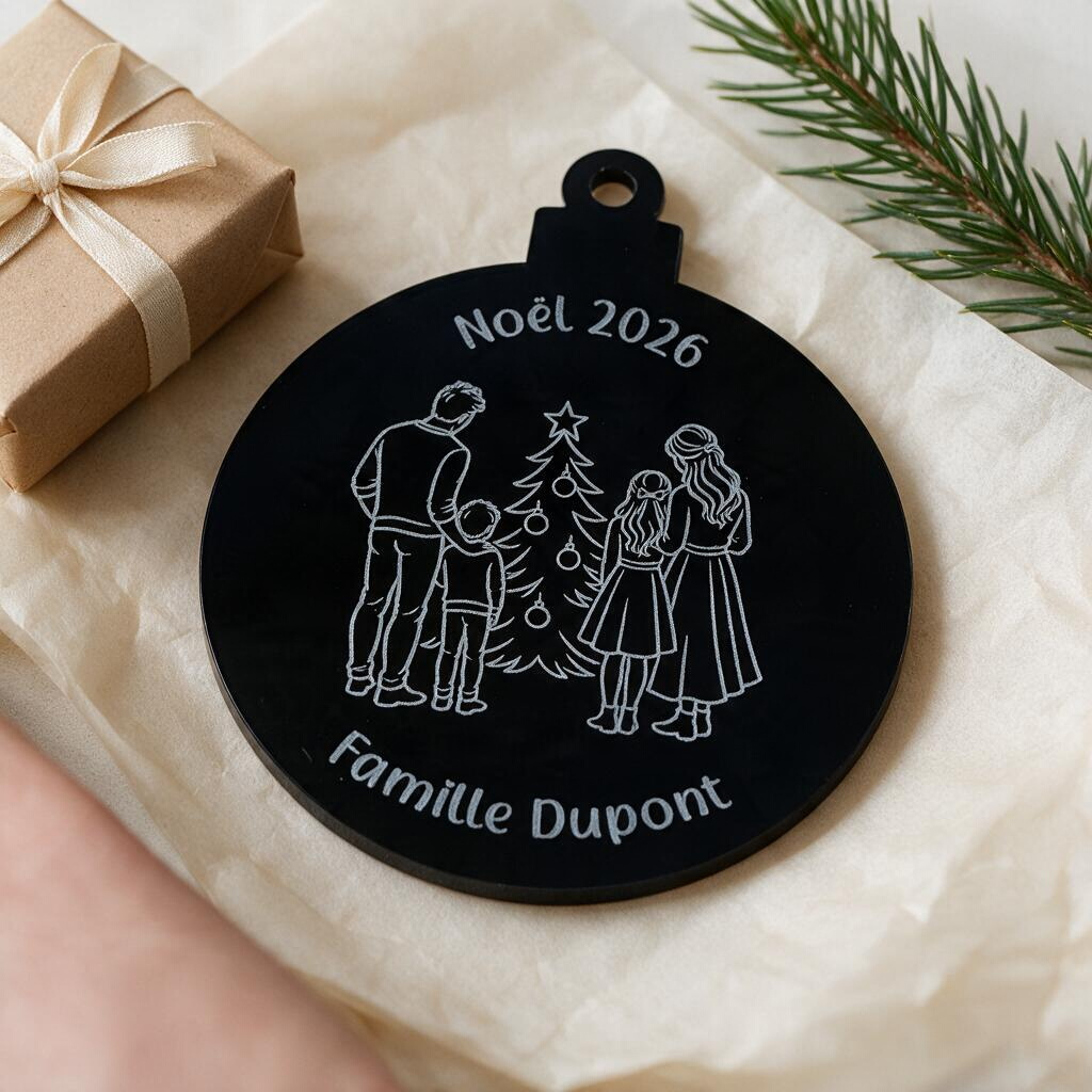 Boule de Noël L'Atelier de Lylou en acrylique noir gravée avec une illustration de famille et l'année 2026