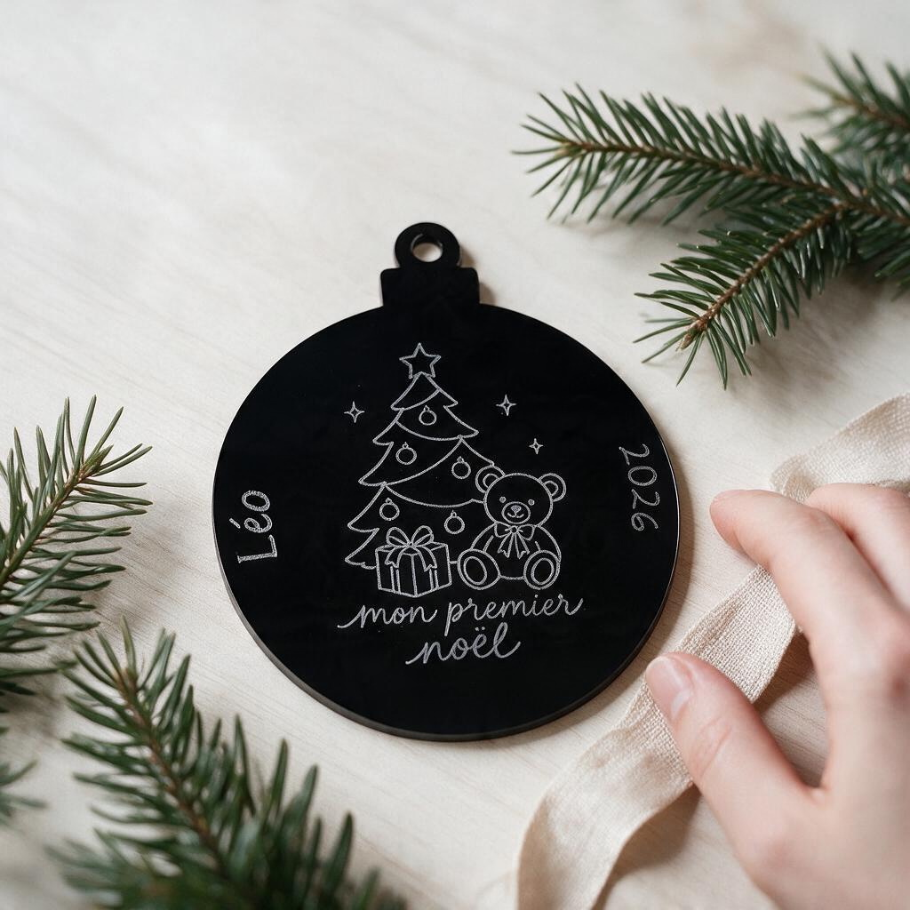 Boule de Noël L'Atelier de Lylou en acrylique noir gravée avec un ourson, un sapin et l'inscription Mon premier Noël