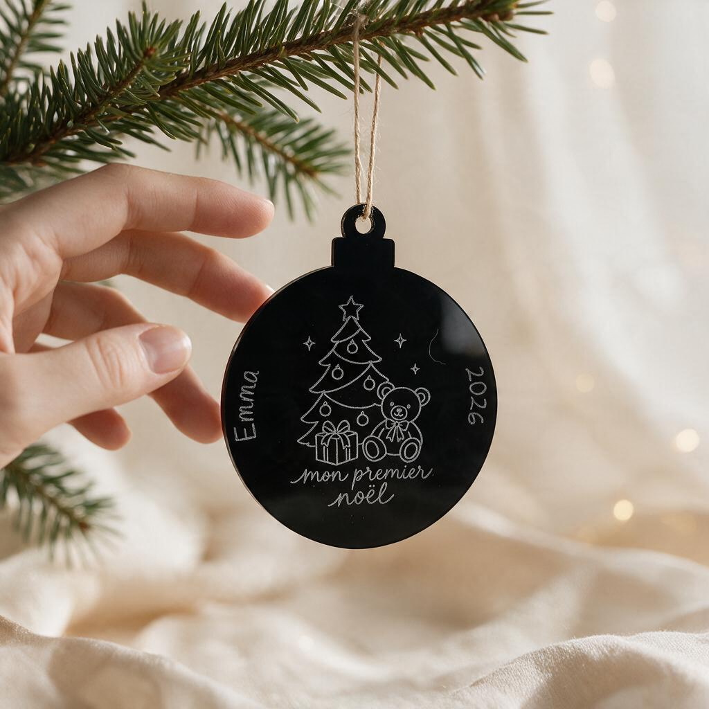 Boule de Noël L'Atelier de Lylou en acrylique noir gravée avec un ourson, un sapin et l'inscription Mon premier Noël