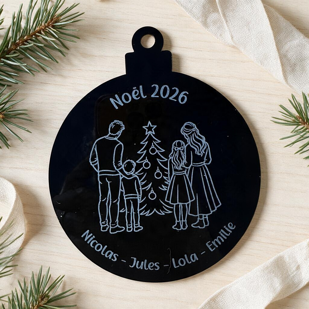 Boule de Noël L'Atelier de Lylou en acrylique noir gravée avec une illustration de famille devant un sapin
