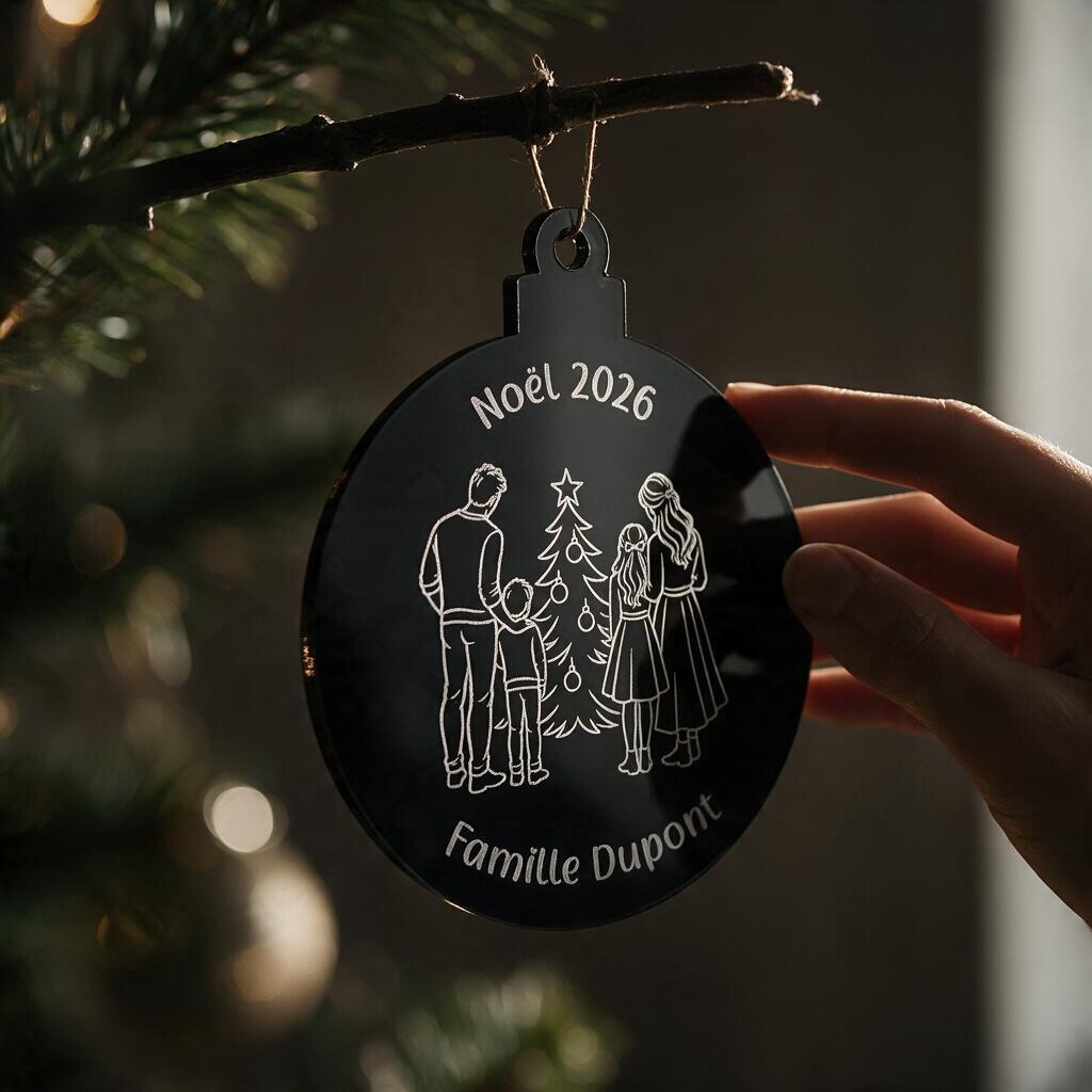 Boule de Noël L'Atelier de Lylou en acrylique noir brillant avec gravure personnalisée d'une famille devant un sapin