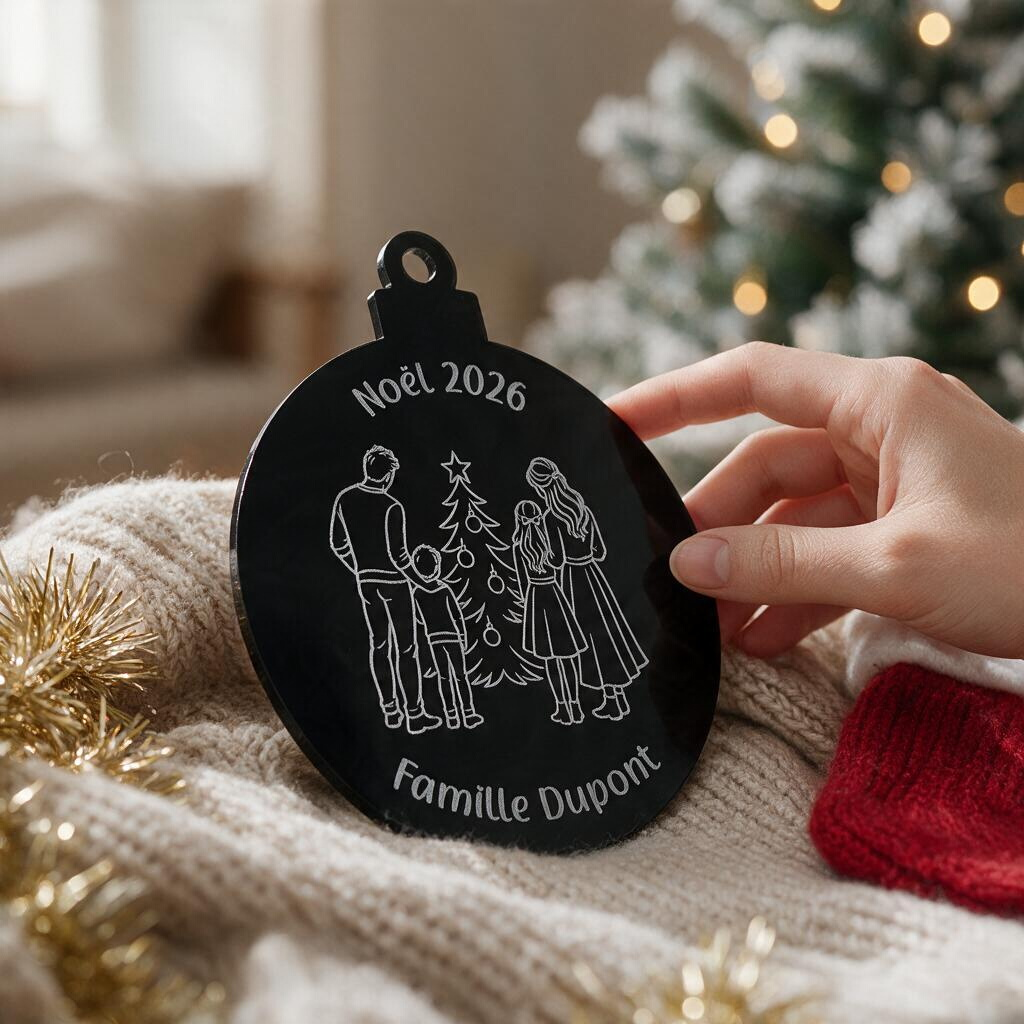 Boule de Noël L'Atelier de Lylou en acrylique noir brillant gravée avec une illustration de famille personnalisée