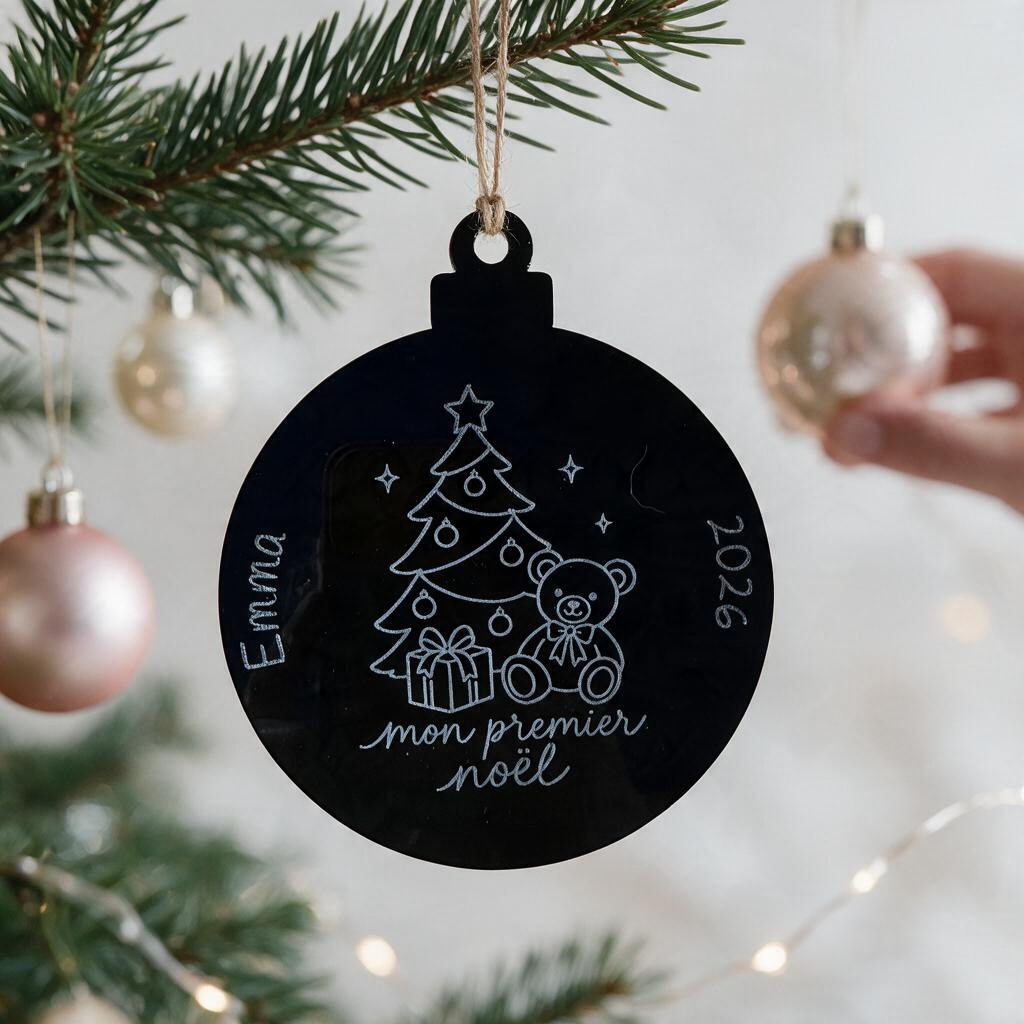 Boule de Noël L'Atelier de Lylou en acrylique noir gravée avec un ourson, un sapin et l'inscription Mon premier Noël