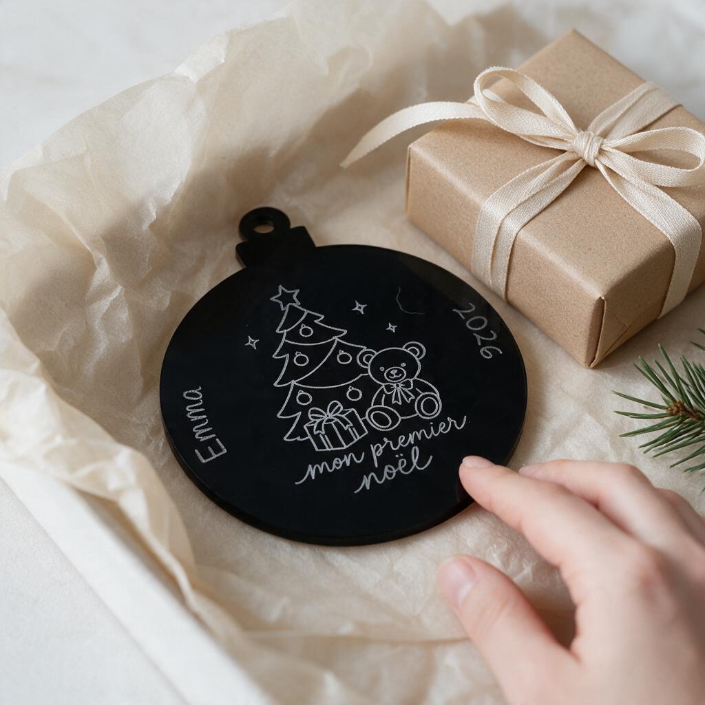 Boule de Noël L'Atelier de Lylou en acrylique noir gravée avec un ourson, un sapin et le texte Mon premier Noël