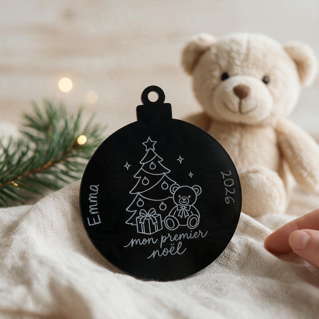 Boule de Noël L'Atelier de Lylou en acrylique noir gravée avec un ourson, un sapin et l'inscription Mon premier Noël