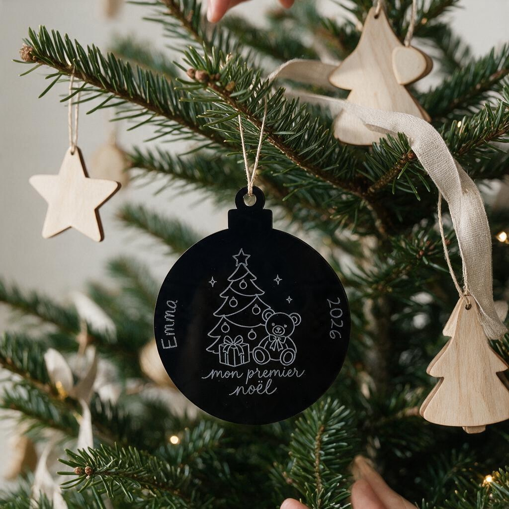 Boule de Noël personnalisée L'Atelier de Lylou en acrylique noir gravée avec un ourson et Mon premier Noël