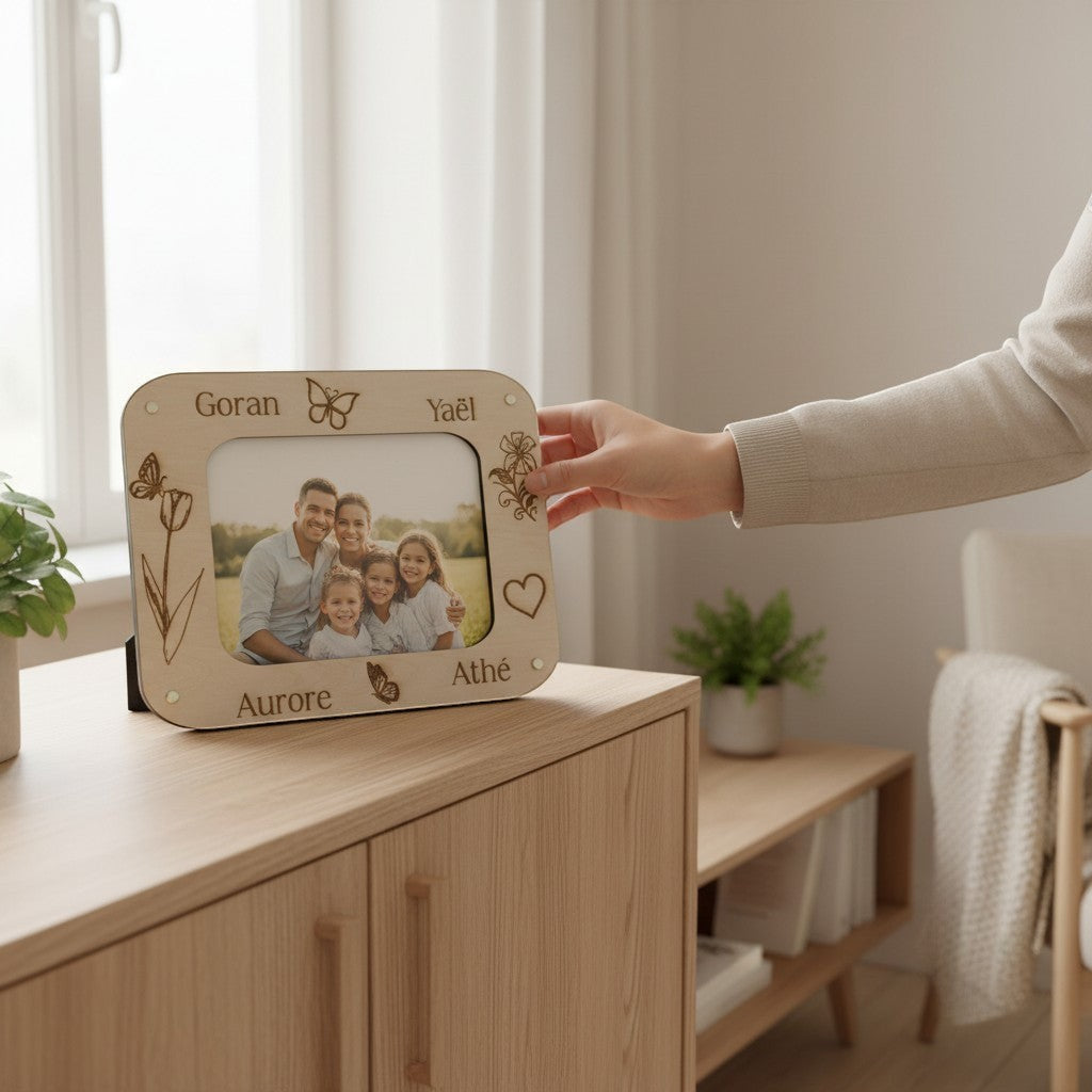 Cadre photo L'Atelier de Lylou en bois naturel gravé avec prénoms et motifs floraux, pour photo 10x15 cm.