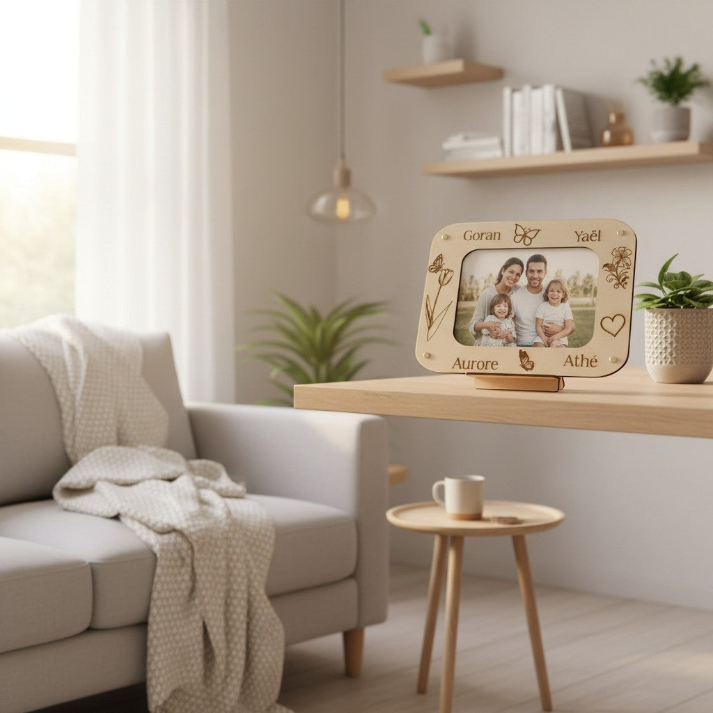 Cadre photo L'Atelier de Lylou en bois naturel gravé avec prénoms et motifs floraux, pour photo 10x15 cm.